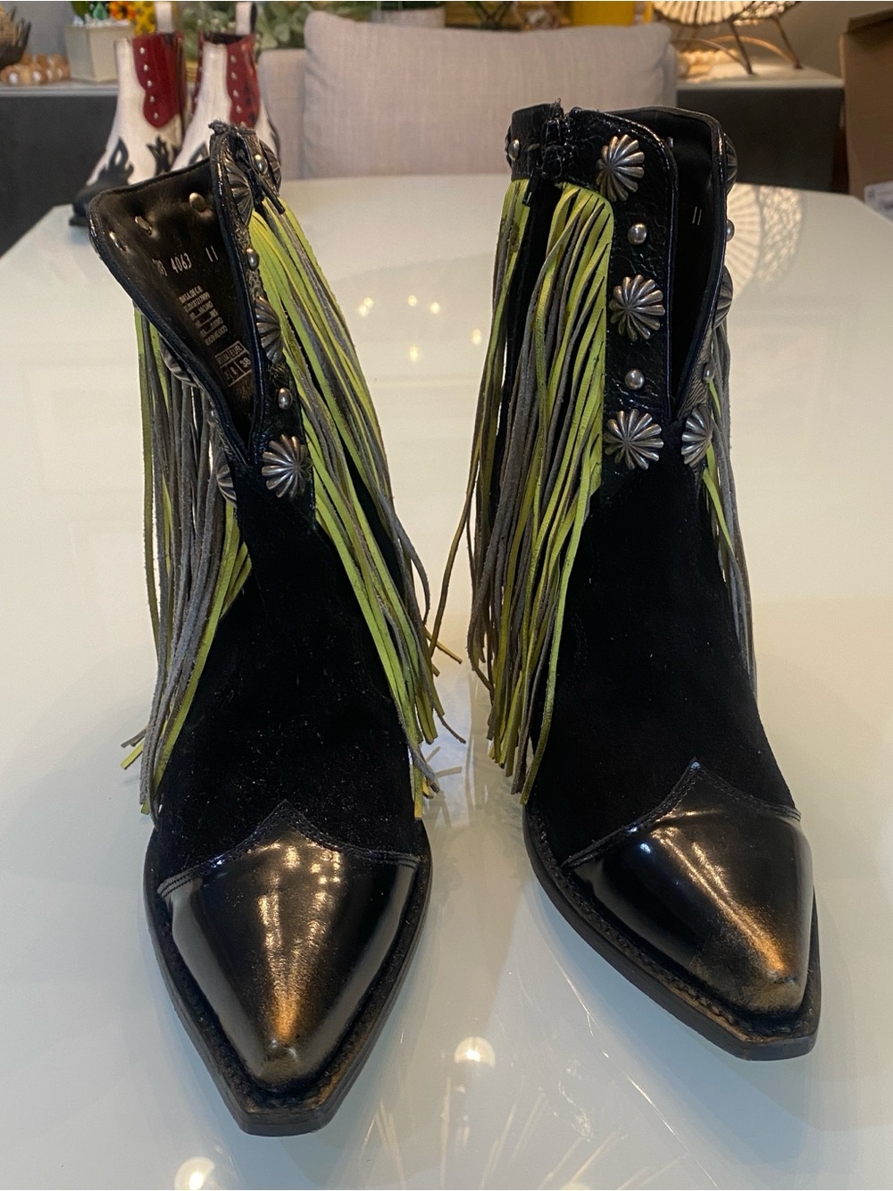 Mezcalero Black Suede Neon Fringe Silver Concho Western Ankle Boots Size 8 NWOB